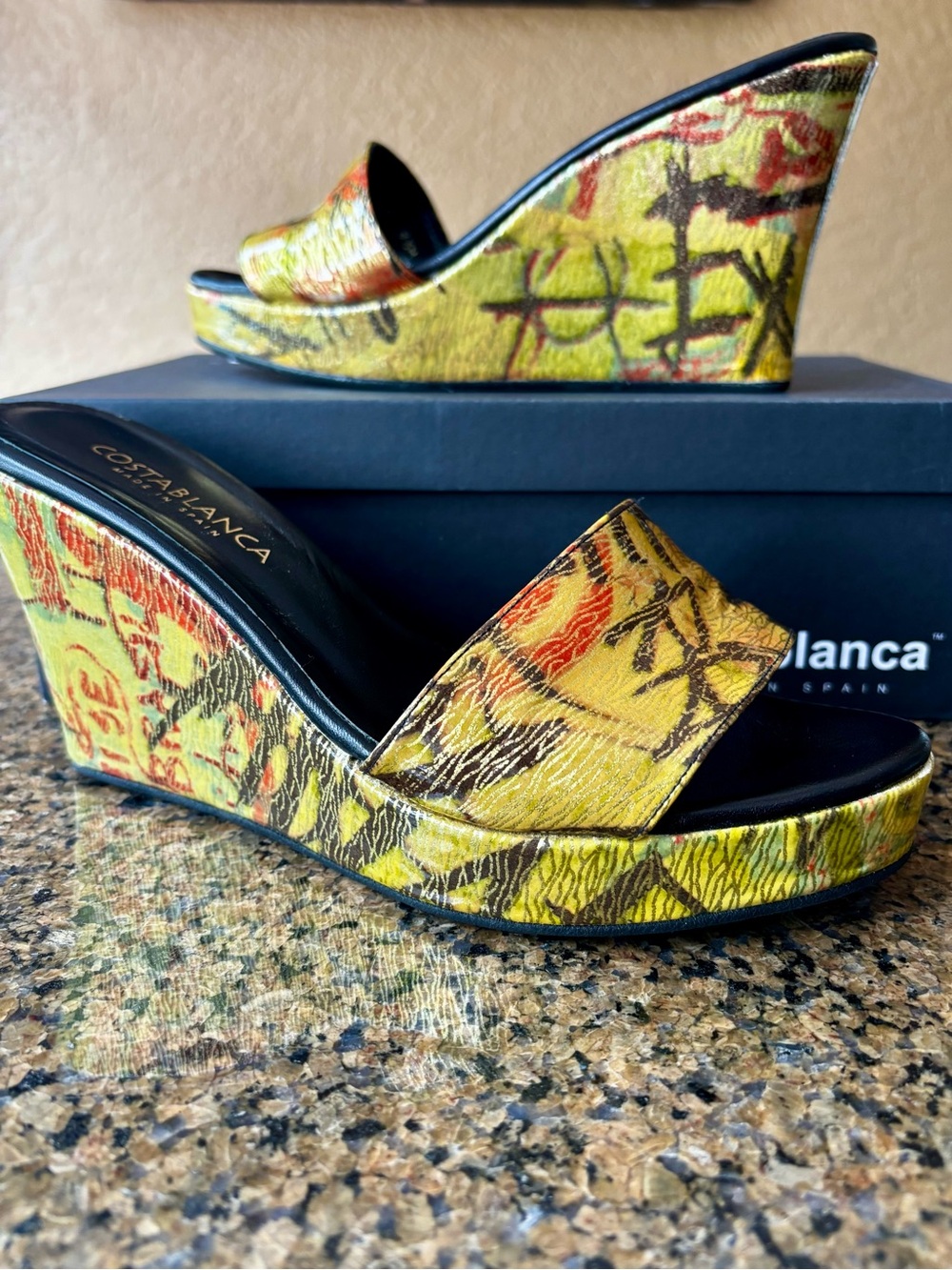Costa Blanca Yellow Multi-Pattern Wedge Sandals